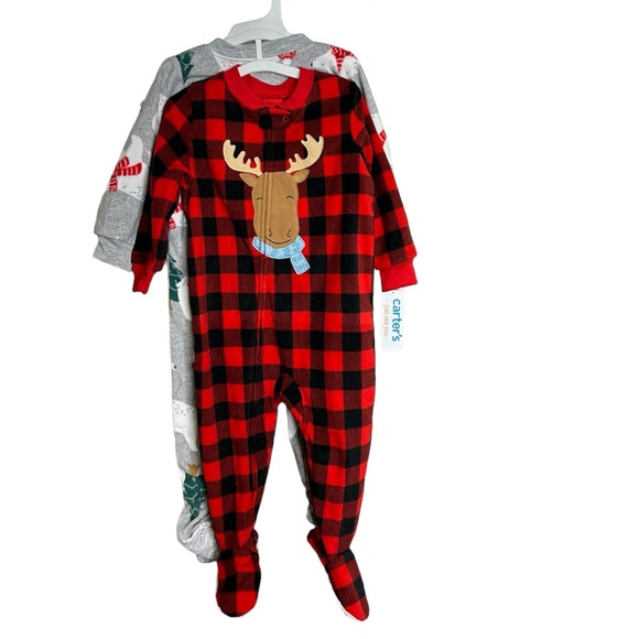 Carter’s Zip Up Red Pajamas Pjs Moose And Grey Polar Bear - Picture 2 of 5